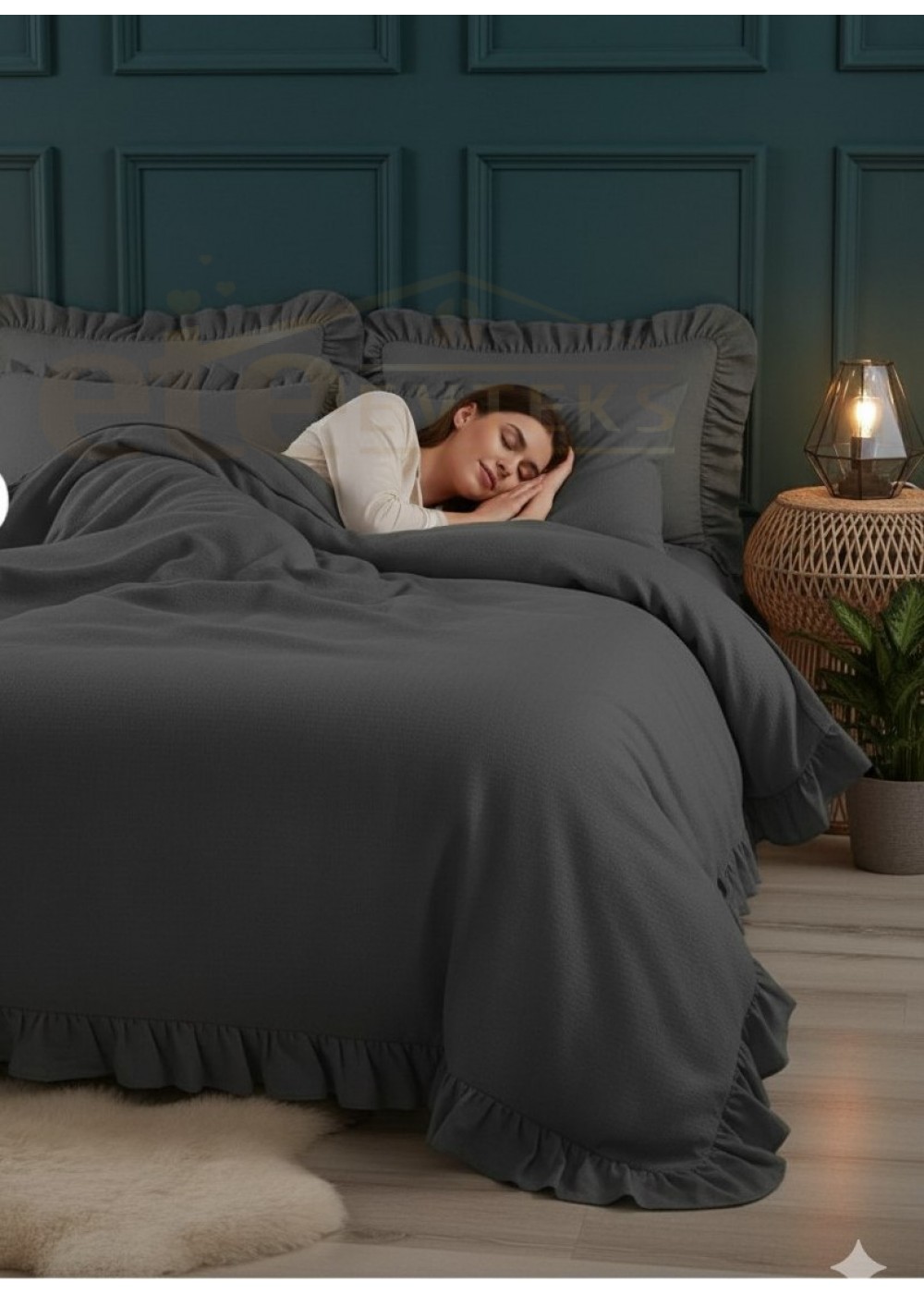 ETEHOMETEX %100 Doğal Pamuk Tek Kişilik Fırfırlı Nevresim Seti 160x220 cm ANTRASİT 8696474232065